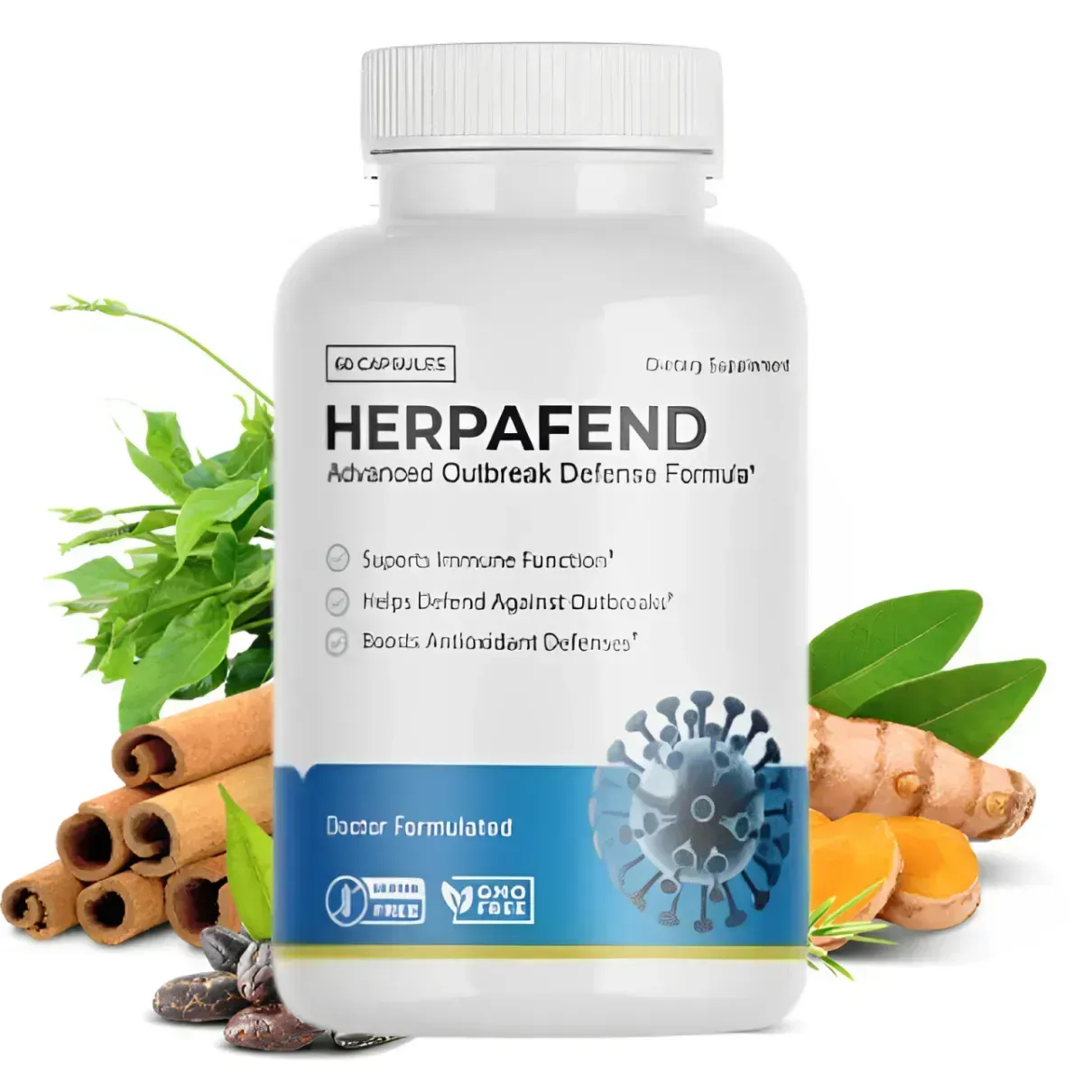 Herpafend immune support supplement bottle for outbreak defense